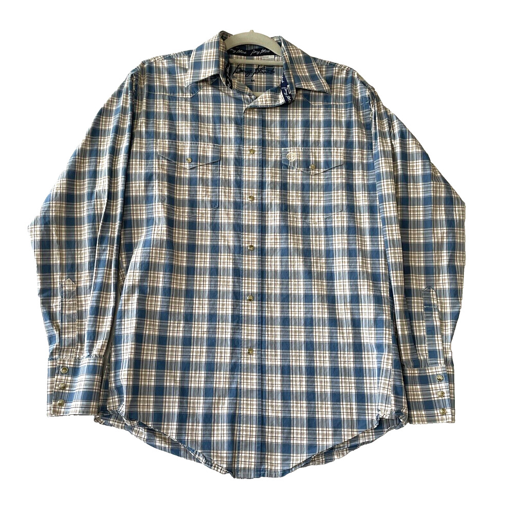 George Strait Pearl Snap Long Sleeve Shirt Size M Blue Plaid Pockets Cotton